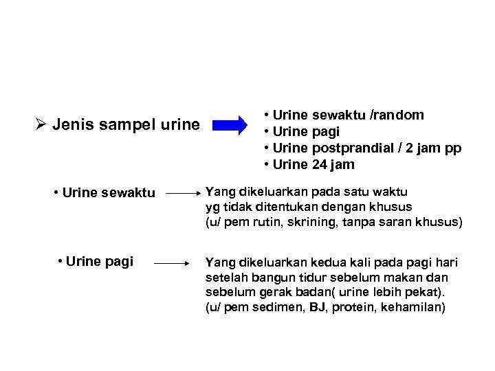 Ø Jenis sampel urine • Urine sewaktu • Urine pagi • Urine sewaktu /random