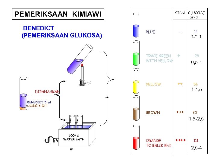 PEMERIKSAAN KIMIAWI BENEDICT (PEMERIKSAAN GLUKOSA) SIGN GLUCOSE gr/dl BLUE TRACE GREEN WITH YELLOW -