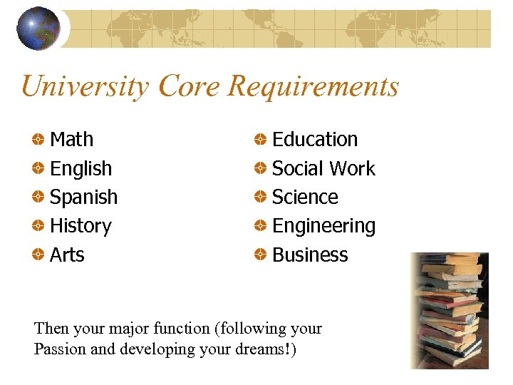 University Core Requirements Math English Spanish History Arts Education Social Work Science Engineering Business