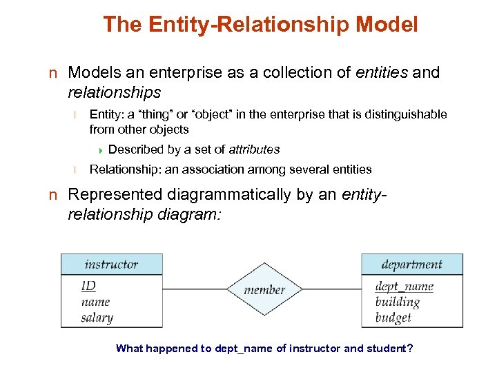 The Entity-Relationship Model n Models an enterprise as a collection of entities and relationships