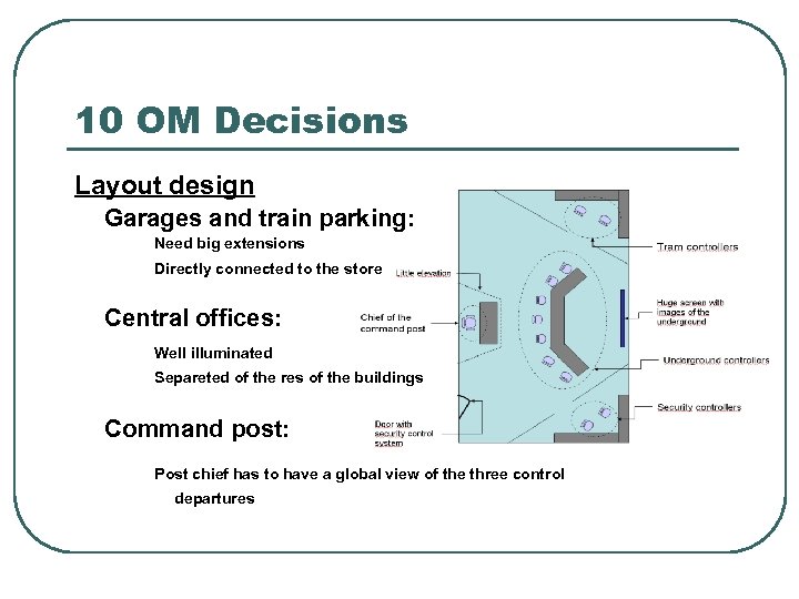 10 OM Decisions Layout design Garages and train parking: Need big extensions Directly connected