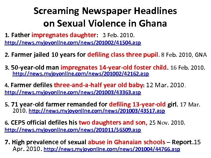 Screaming Newspaper Headlines on Sexual Violence in Ghana 1. Father impregnates daughter: 3 Feb.