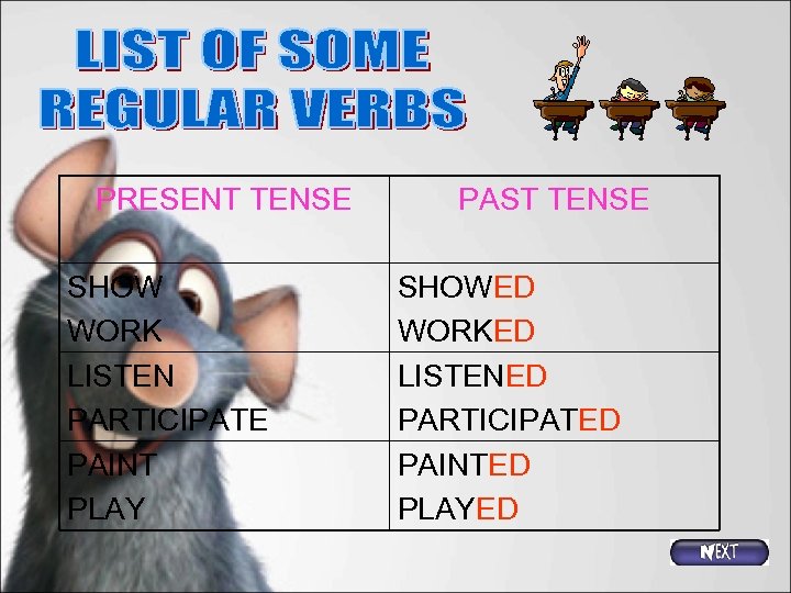 PRESENT TENSE SHOW WORK LISTEN PARTICIPATE PAINT PLAY PAST TENSE SHOWED WORKED LISTENED PARTICIPATED