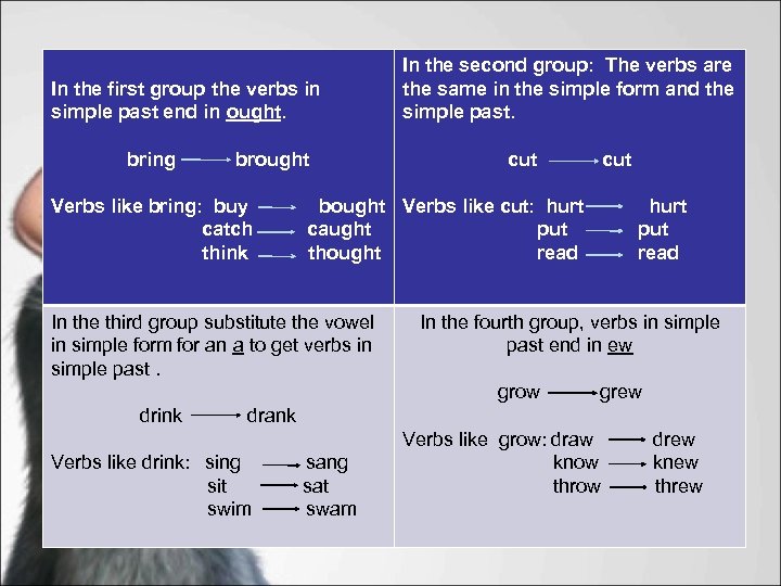 In the first group the verbs in simple past end in ought. bring brought