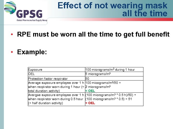 Effect of not wearing mask all the time • RPE must be worn all