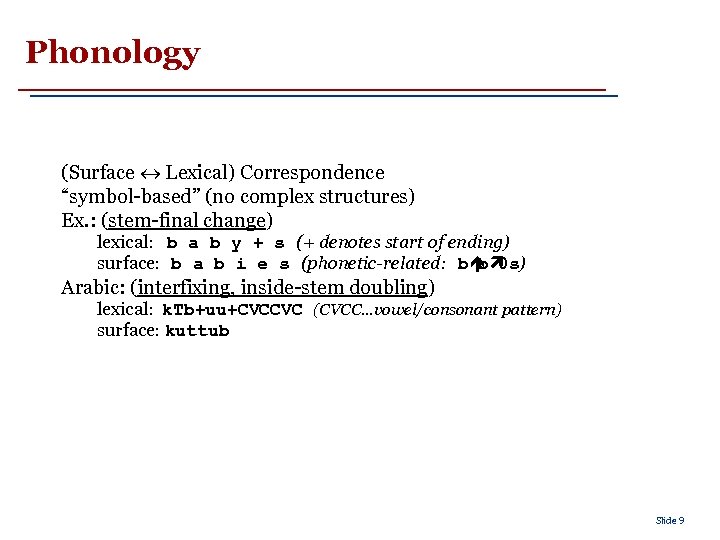 Phonology (Surface « Lexical) Correspondence “symbol-based” (no complex structures) Ex. : (stem-final change) lexical: