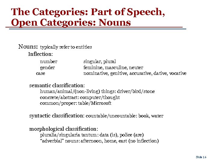 The Categories: Part of Speech, Open Categories: Nouns: typically refer to entities Inflection: number