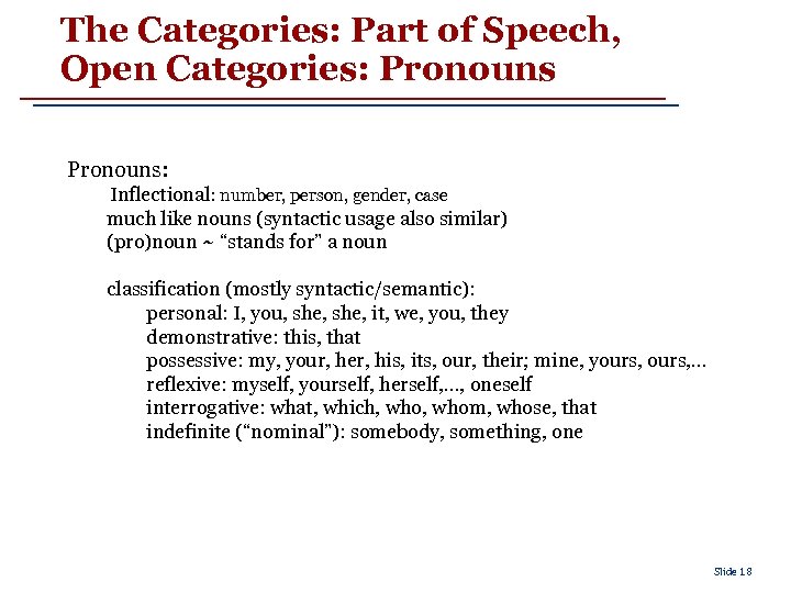 The Categories: Part of Speech, Open Categories: Pronouns: Inflectional: number, person, gender, case much