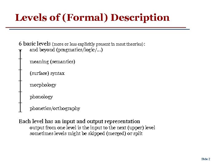 Levels of (Formal) Description 6 basic levels (more or less explicitly present in most