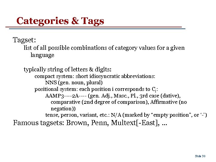 Categories & Tagset: list of all possible combinations of category values for a given