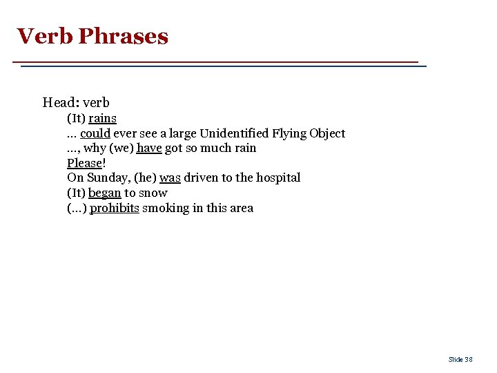 Verb Phrases Head: verb (It) rains. . . could ever see a large Unidentified