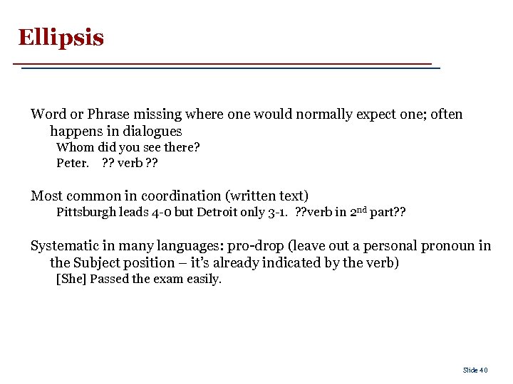 Ellipsis Word or Phrase missing where one would normally expect one; often happens in