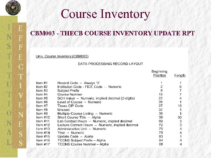 Course Inventory CBM 003 - THECB COURSE INVENTORY UPDATE RPT 