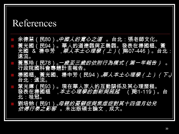 References n n n 余德慧（民 80）。 中國人的寬心之道 。台北：張老師文化。 黃光國（民 94）。華人的道德觀與正義觀。發表在楊國樞、黃 光國 ＆ 楊中芳 ，