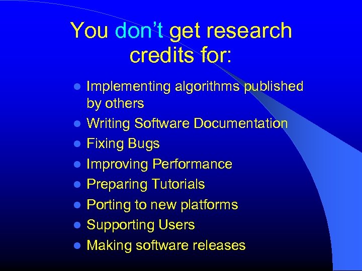 You don’t get research credits for: Implementing algorithms published by others Writing Software Documentation