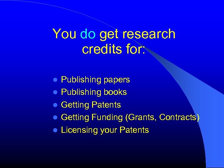 You do get research credits for: Publishing papers Publishing books Getting Patents Getting Funding