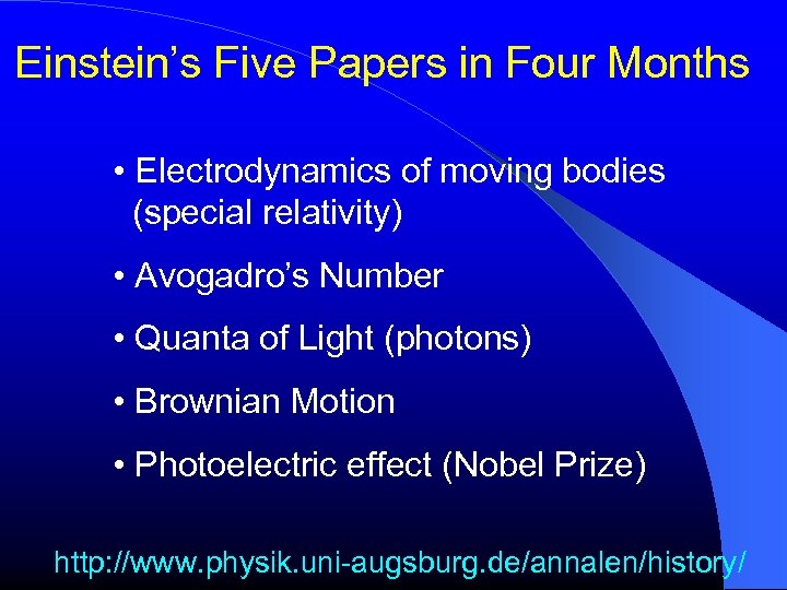 Einstein’s Five Papers in Four Months • Electrodynamics of moving bodies (special relativity) •