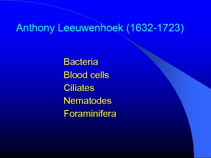 Anthony Leeuwenhoek (1632 -1723) Bacteria Blood cells Ciliates Nematodes Foraminifera 