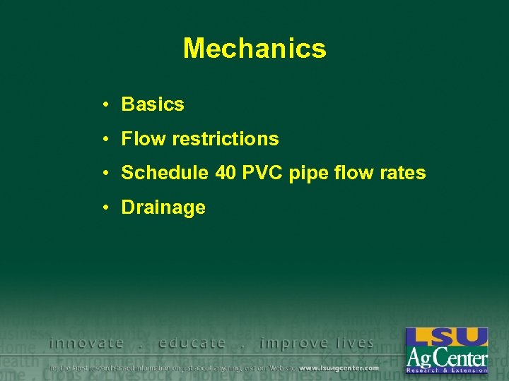 Mechanics • Basics • Flow restrictions • Schedule 40 PVC pipe flow rates •