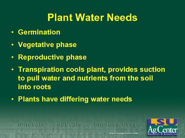 Plant Water Needs • Germination • Vegetative phase • Reproductive phase • Transpiration cools