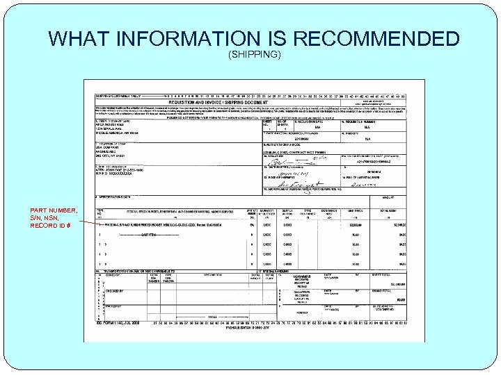 WHAT INFORMATION IS RECOMMENDED (SHIPPING) PART NUMBER, S/N, NSN, RECORD ID # 