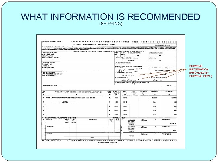 WHAT INFORMATION IS RECOMMENDED (SHIPPING) SHIPPING INFORMATION (PROVIDED BY SHIPPING DEPT. ) 