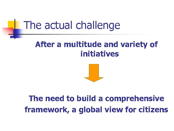 The actual challenge After a multitude and variety of initiatives The need to build