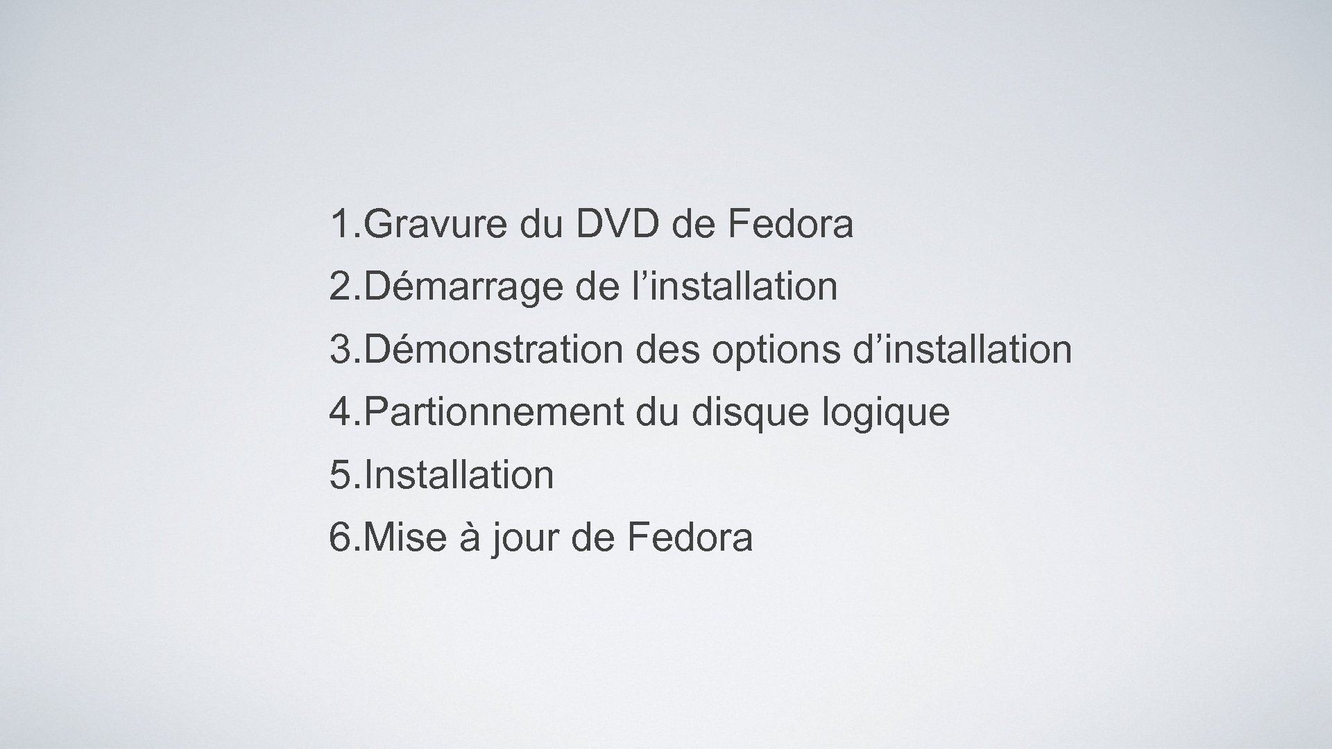 1. Gravure du DVD de Fedora 2. Démarrage de l’installation 3. Démonstration des options