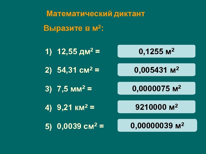 Математический диктант Выразите в м 2: 1) 12, 55 дм 2 = 0, 1255