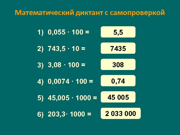 Математический диктант с самопроверкой 1) 0, 055 · 100 = 5, 5 2) 743,