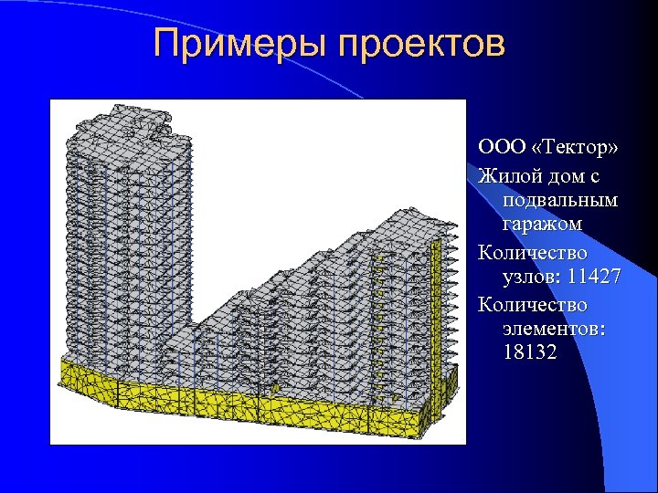 Примеры проектов ООО «Тектор» Жилой дом с подвальным гаражом Количество узлов: 11427 Количество элементов: