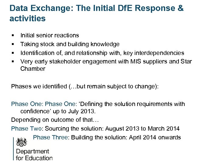 Data Exchange: The Initial Df. E Response & activities § § Initial senior reactions