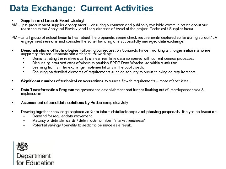 Data Exchange: Current Activities • Supplier and Launch Event…today! AM – ‘pre-procurement supplier engagement’