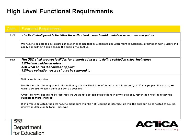 High Level Functional Requirements Code FR 5 Functional Requirements The DEC shall provide facilities