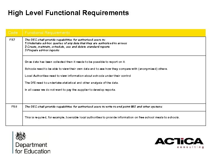 High Level Functional Requirements Code Functional Requirements FR 7 The DEC shall provide capabilities