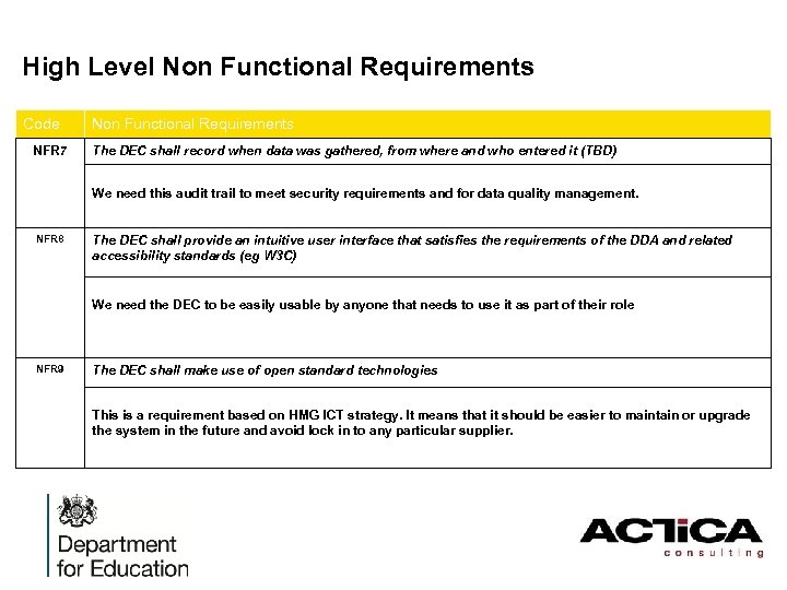 High Level Non Functional Requirements Code NFR 7 Non Functional Requirements The DEC shall