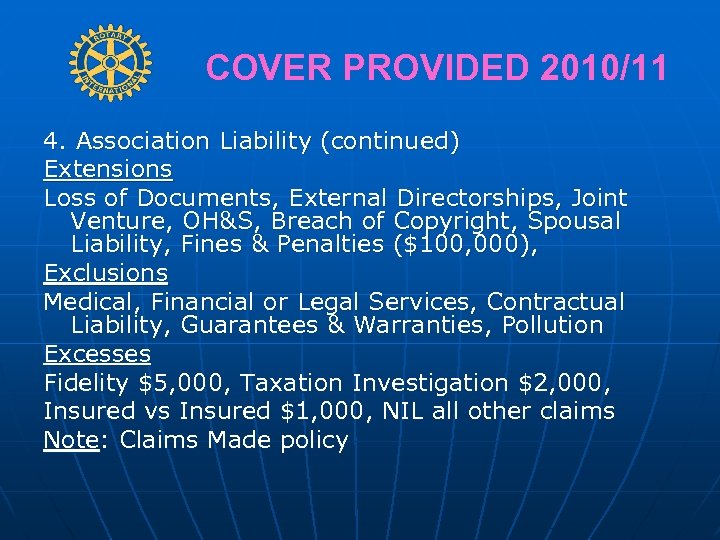 COVER PROVIDED 2010/11 4. Association Liability (continued) Extensions Loss of Documents, External Directorships, Joint