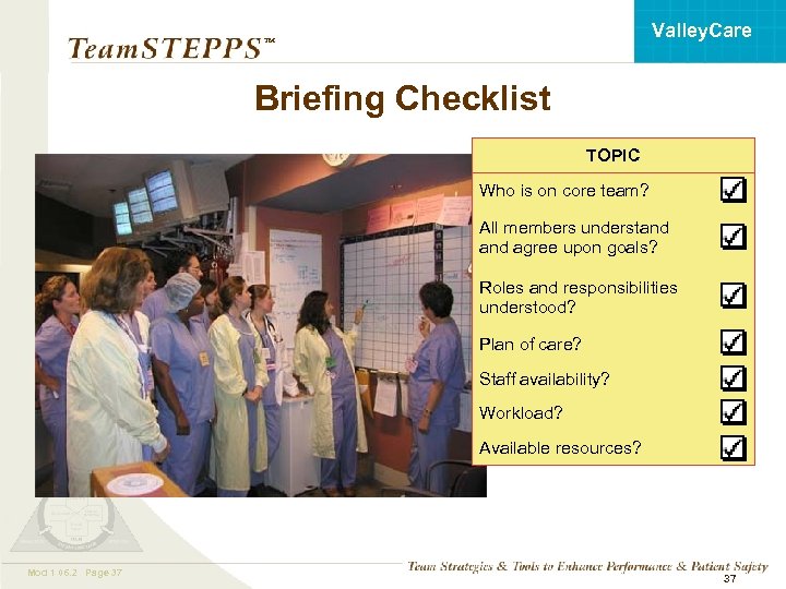 Valley. Care ™ Briefing Checklist TOPIC Who is on core team? All members understand