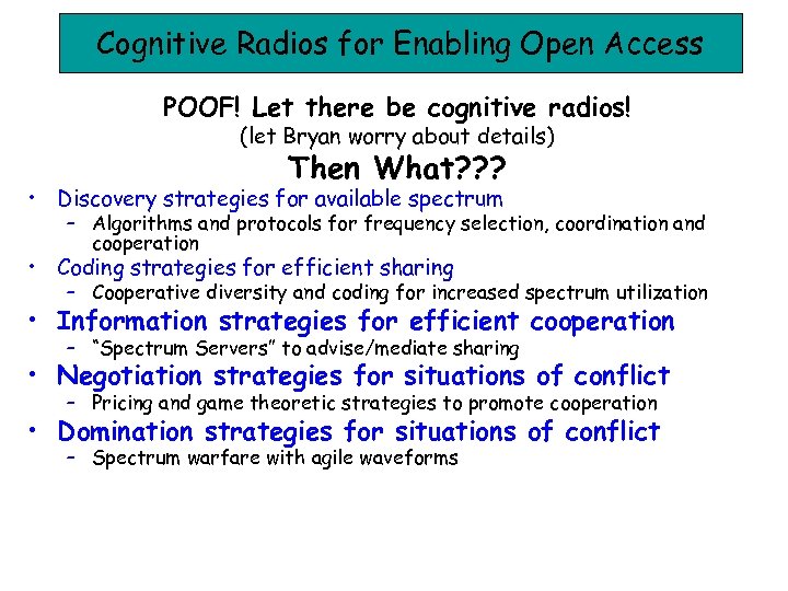 Cognitive Radios for Enabling Open Access POOF! Let there be cognitive radios! (let Bryan