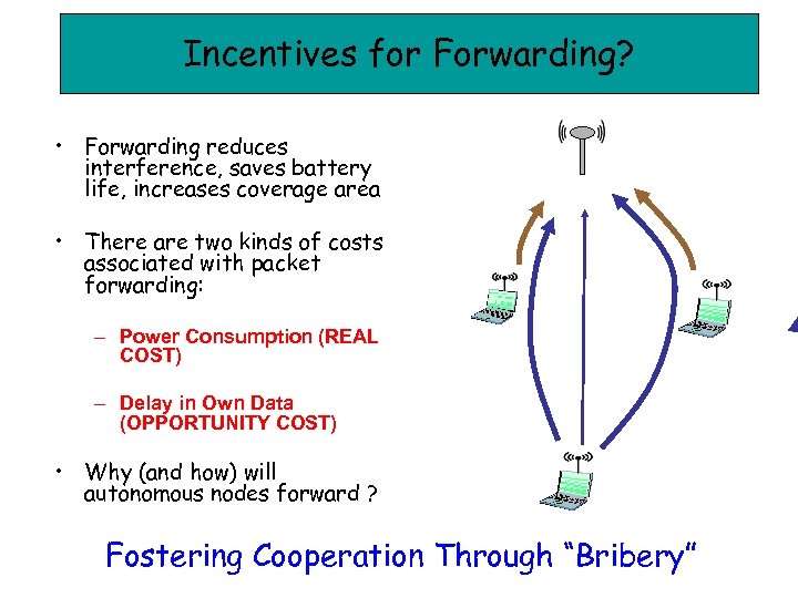 Incentives for Forwarding? • Forwarding reduces interference, saves battery life, increases coverage area •