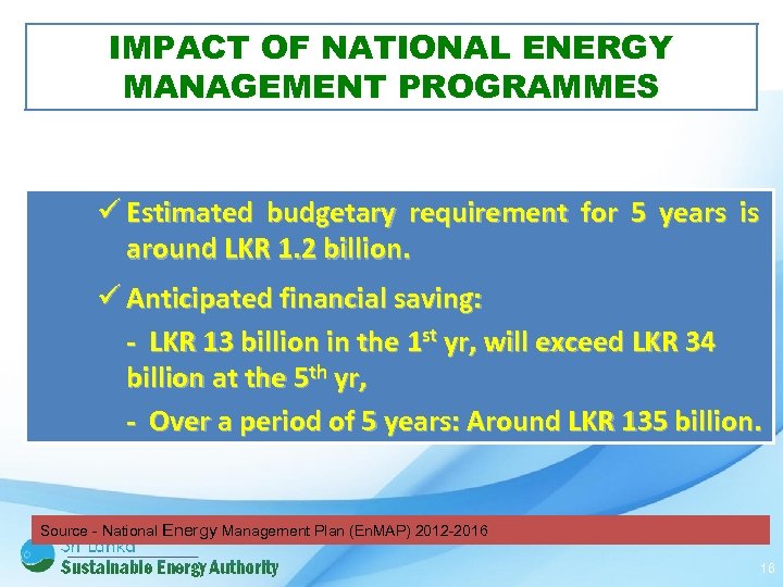 IMPACT OF NATIONAL ENERGY MANAGEMENT PROGRAMMES ü Estimated budgetary requirement for 5 years is