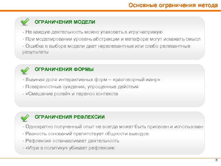 Основные ограничения метода ОГРАНИЧЕНИЯ МОДЕЛИ - Не каждую деятельность можно упаковать в игру напрямую