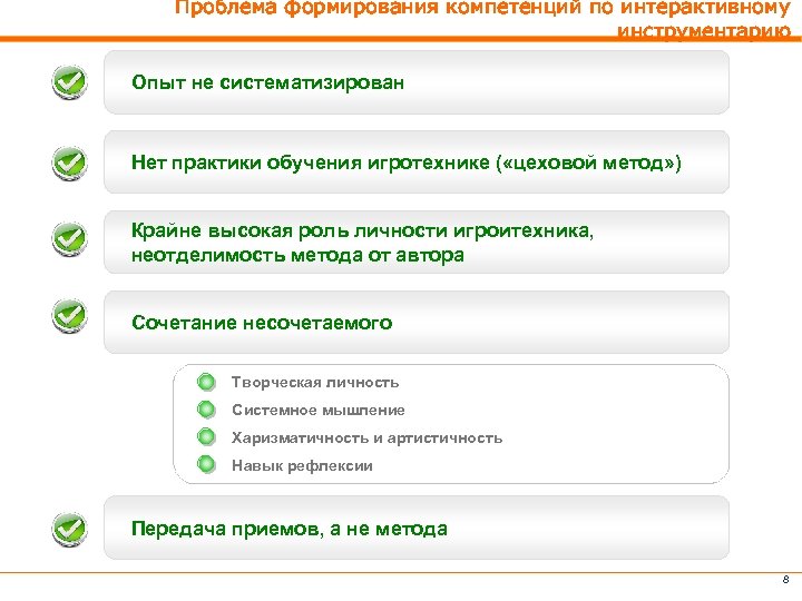 Проблема формирования компетенций по интерактивному инструментарию Опыт не систематизирован Нет практики обучения игротехнике (