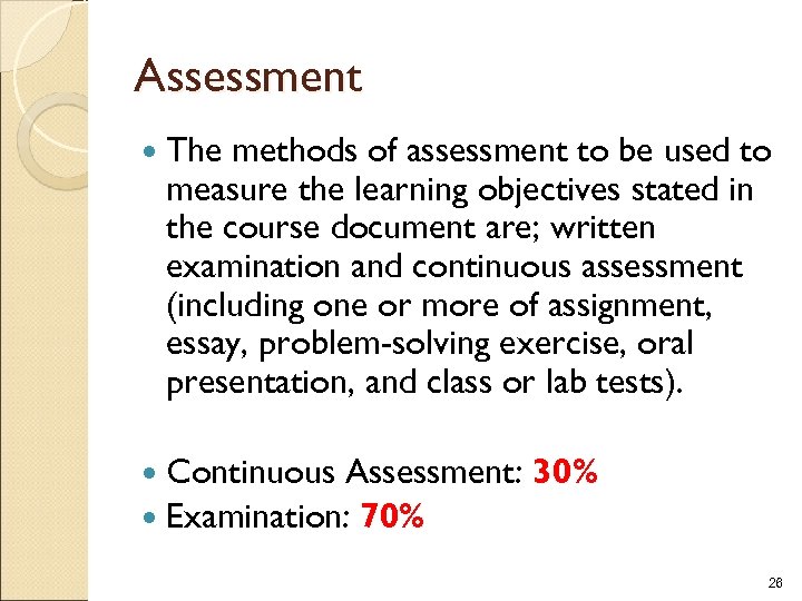 Assessment The methods of assessment to be used to measure the learning objectives stated