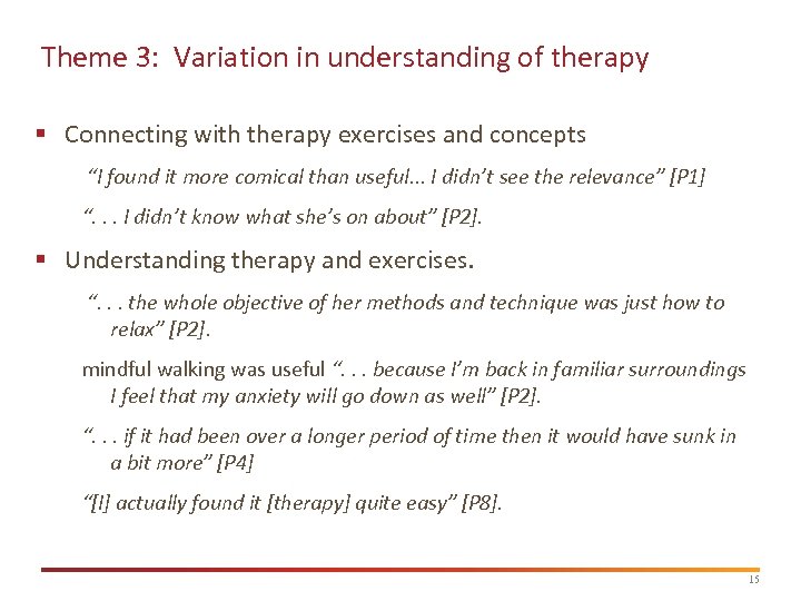 Theme 3: Variation in understanding of therapy § Connecting with therapy exercises and concepts