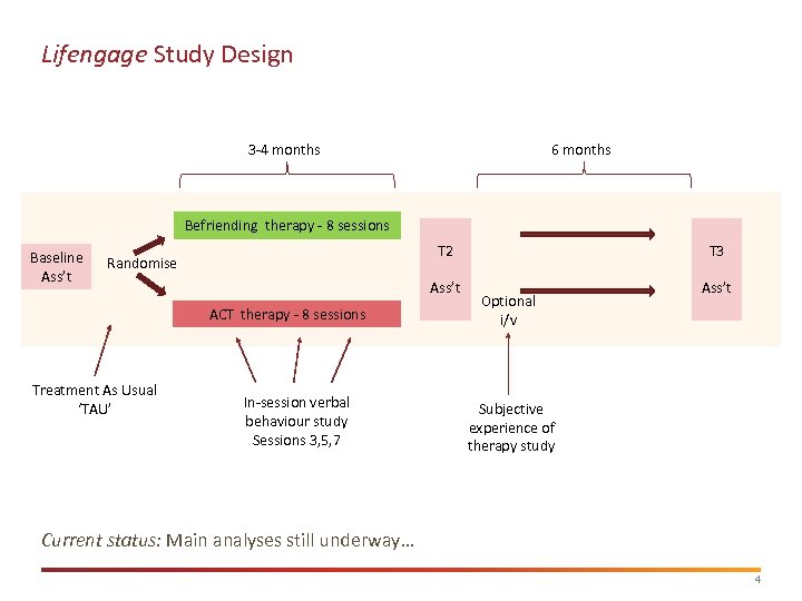 Lifengage Study Design 3 -4 months 6 months Befriending therapy - 8 sessions Baseline