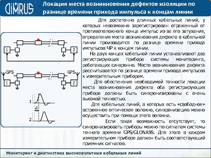 Локация места возникновения дефектов изоляции по разнице времени прихода импульса к концам линии Для