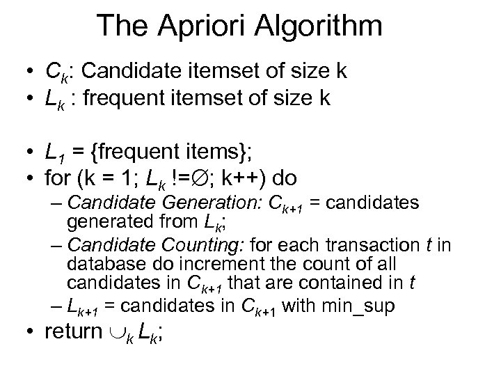 The Apriori Algorithm • Ck: Candidate itemset of size k • Lk : frequent