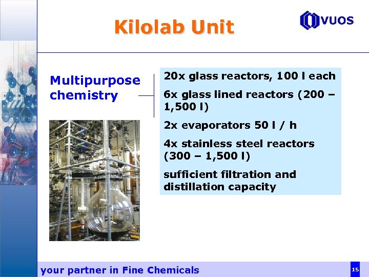 Kilolab Unit Multipurpose chemistry 20 x glass reactors, 100 l each 6 x glass