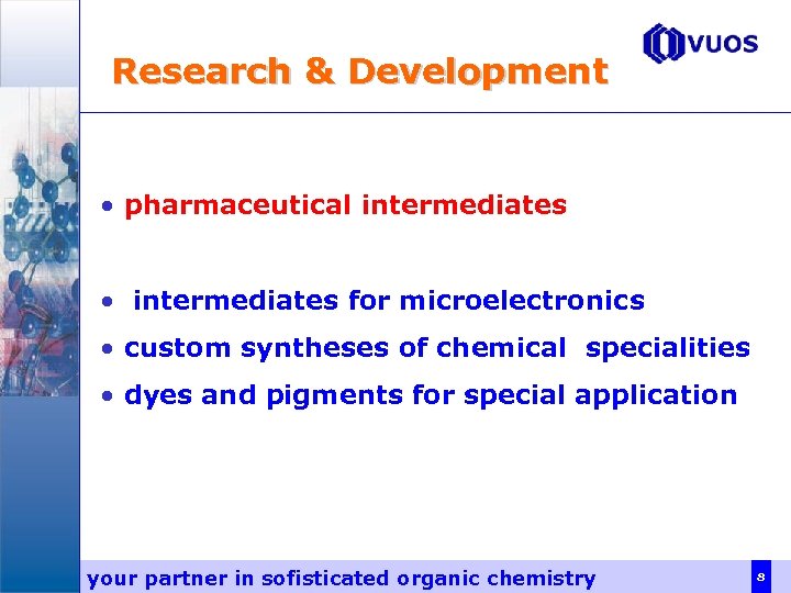 Research & Development • pharmaceutical intermediates • intermediates for microelectronics • custom syntheses of